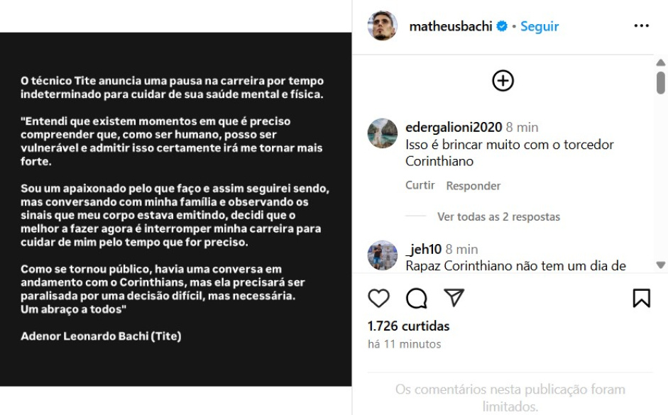 postagem_de_tite_sobre_a_pausa_na_carreira_q3vg Reviravolta: Tite anuncia pausa na carreira; Corinthians segue sem treinador